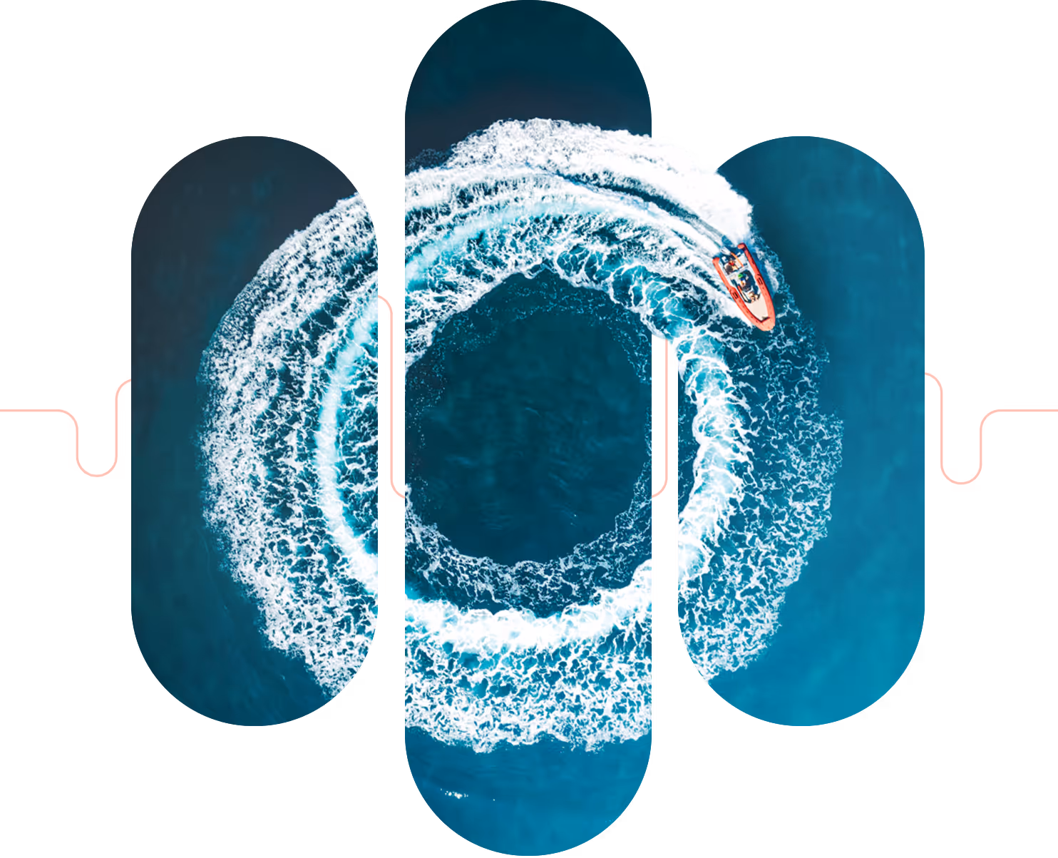 Small boat navigating turbulent circular water formation from aerial view