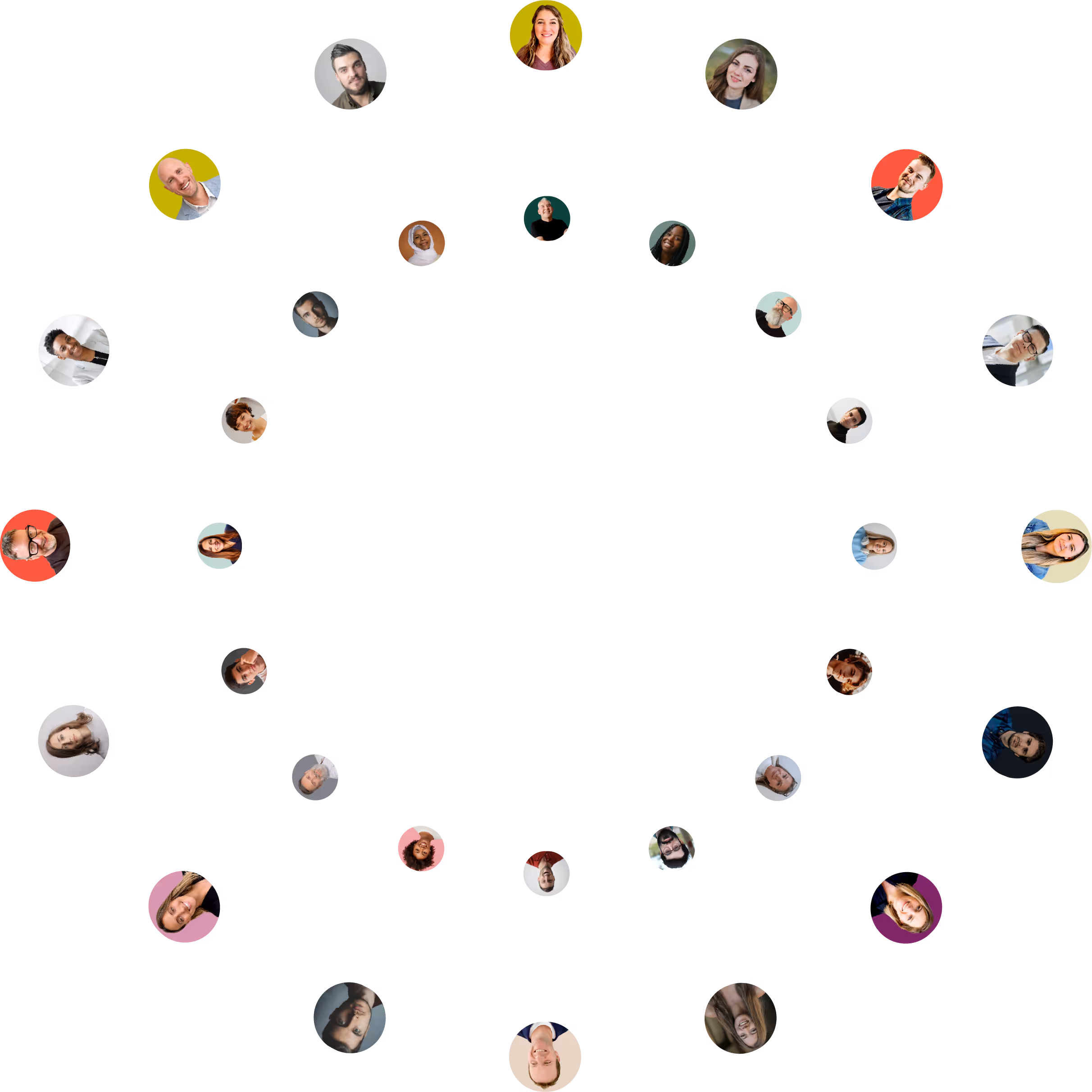 Circular arrangement of diverse portrait photos in colorful circular backgrounds