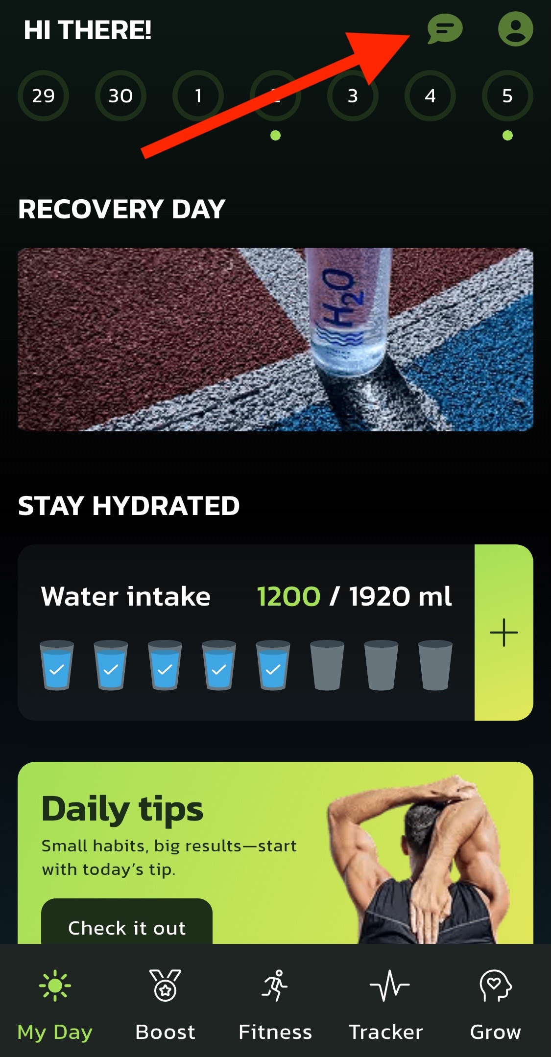 Speech bubble icon in the Muscle Charge app to contact support