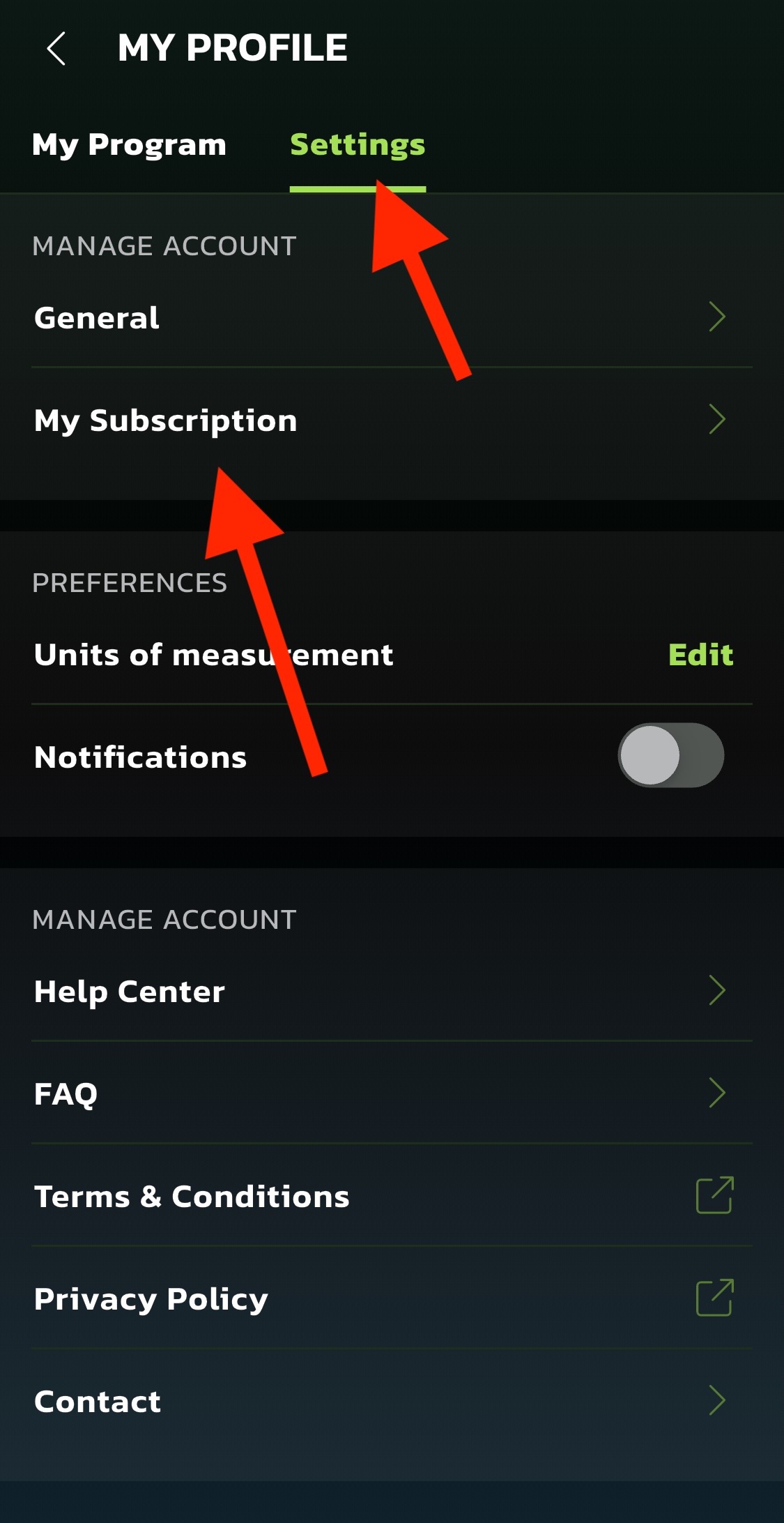 My Subscription option in the Muscle Charge app settings