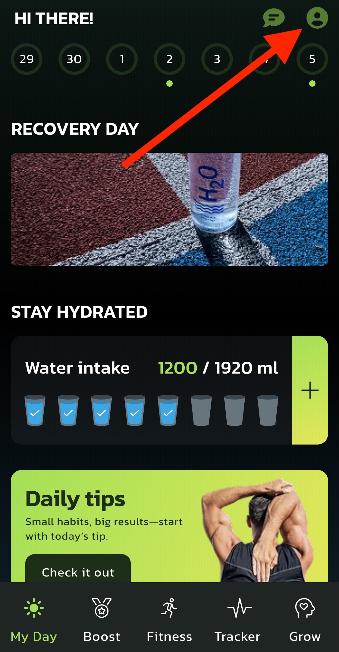 My Profile menu in the Muscle Charge app
