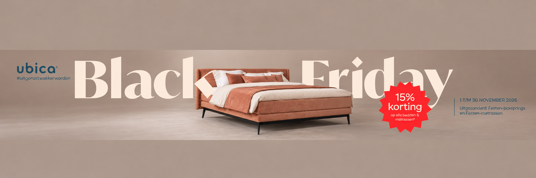 Ubica Black Friday: 15% korting op bedden en matrassen, uitgezonderd Festen, 1 t/m 30 november 2026