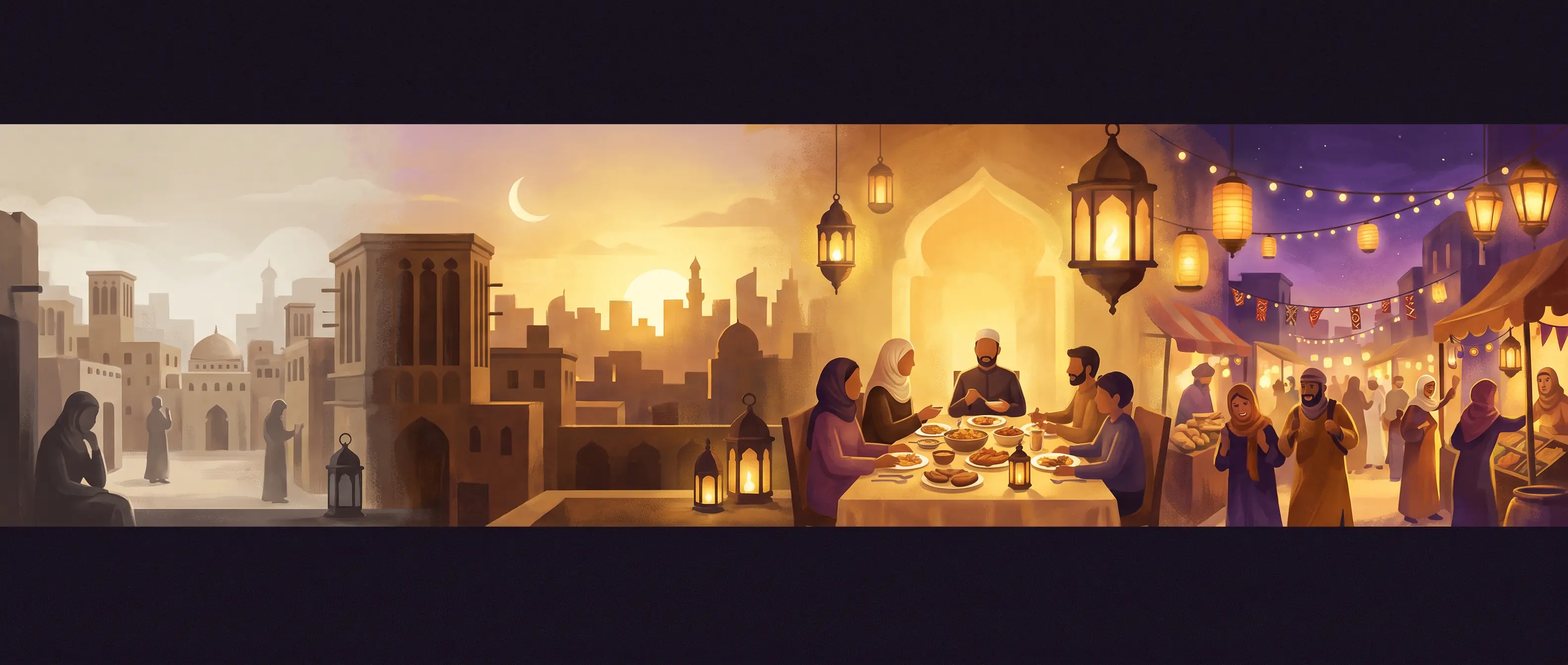 Illustration showing the rhythm of a day during Ramadan, moving from quiet fasting hours through a golden Iftar sunset to a vibrant, active evening, illustrating how consumer behaviour reorganises around the month.
