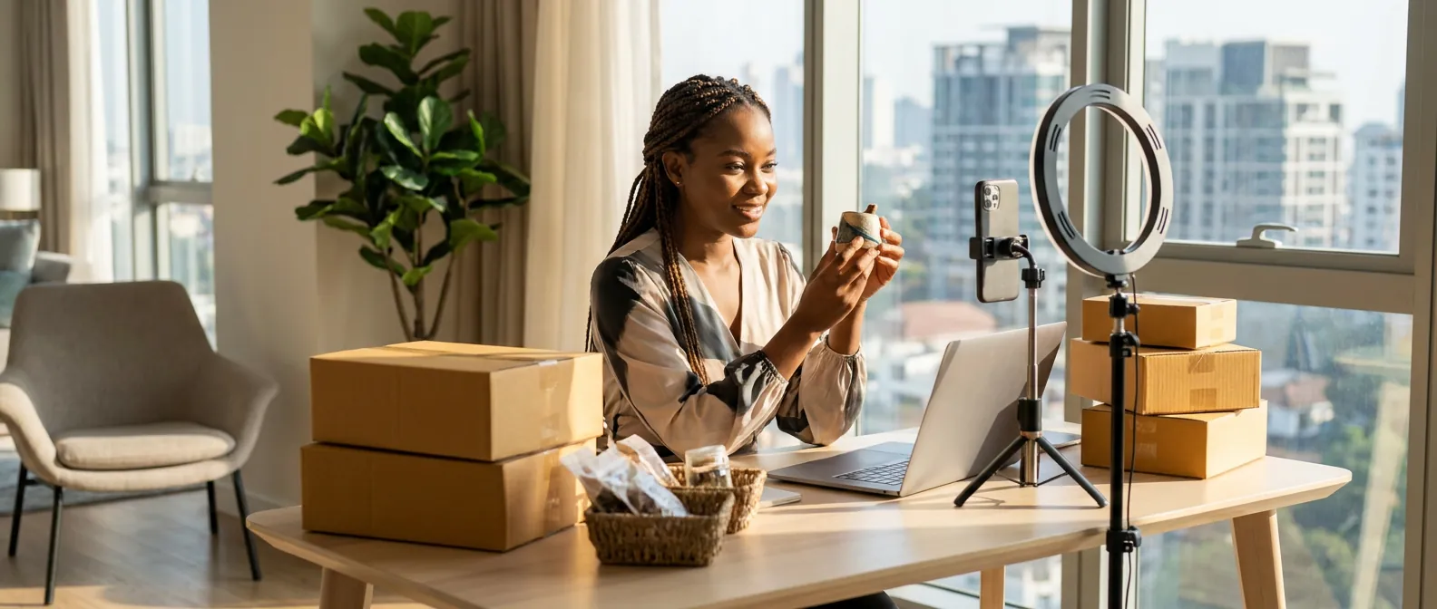 A young African entrepreneur photographing a product with her smartphone to sell on social media in a modern workspace, illustrating how most small businesses in Nigeria sell online through social platforms rather than websites.