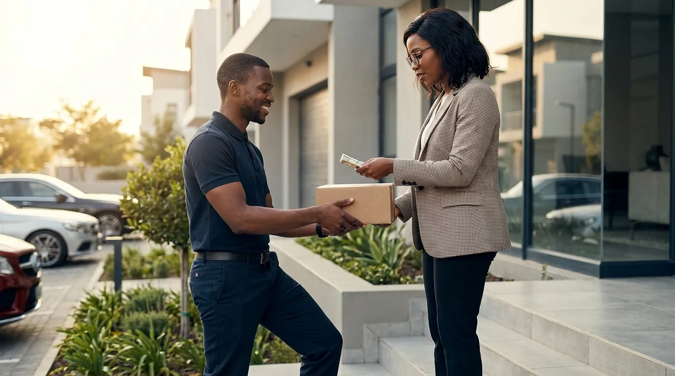 A professional courier handing a parcel to a customer at a modern apartment building in an upscale African city while the customer pays in cash, illustrating cash-on-delivery behaviour in the region's contemporary urban e-commerce market.
