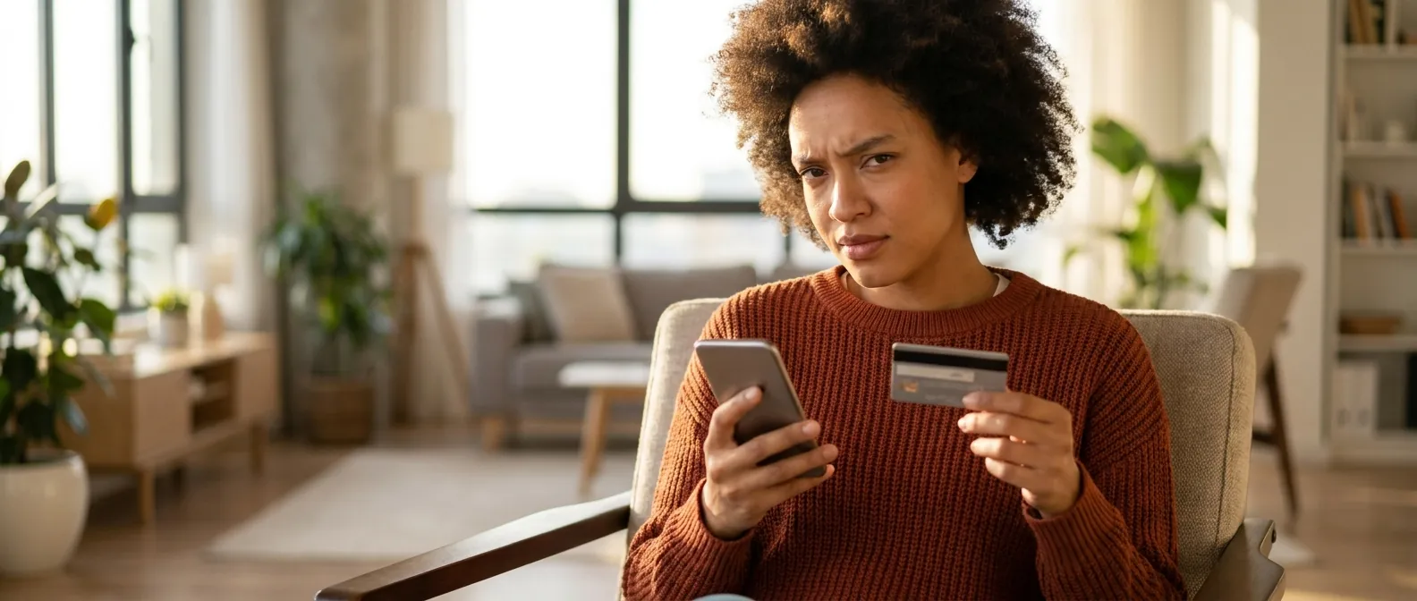 A discerning African woman thoughtfully evaluating an online purchase on her smartphone while holding a credit card, hesitating, illustrating how consumers in the region carefully weigh trust before committing to a digital transaction.
