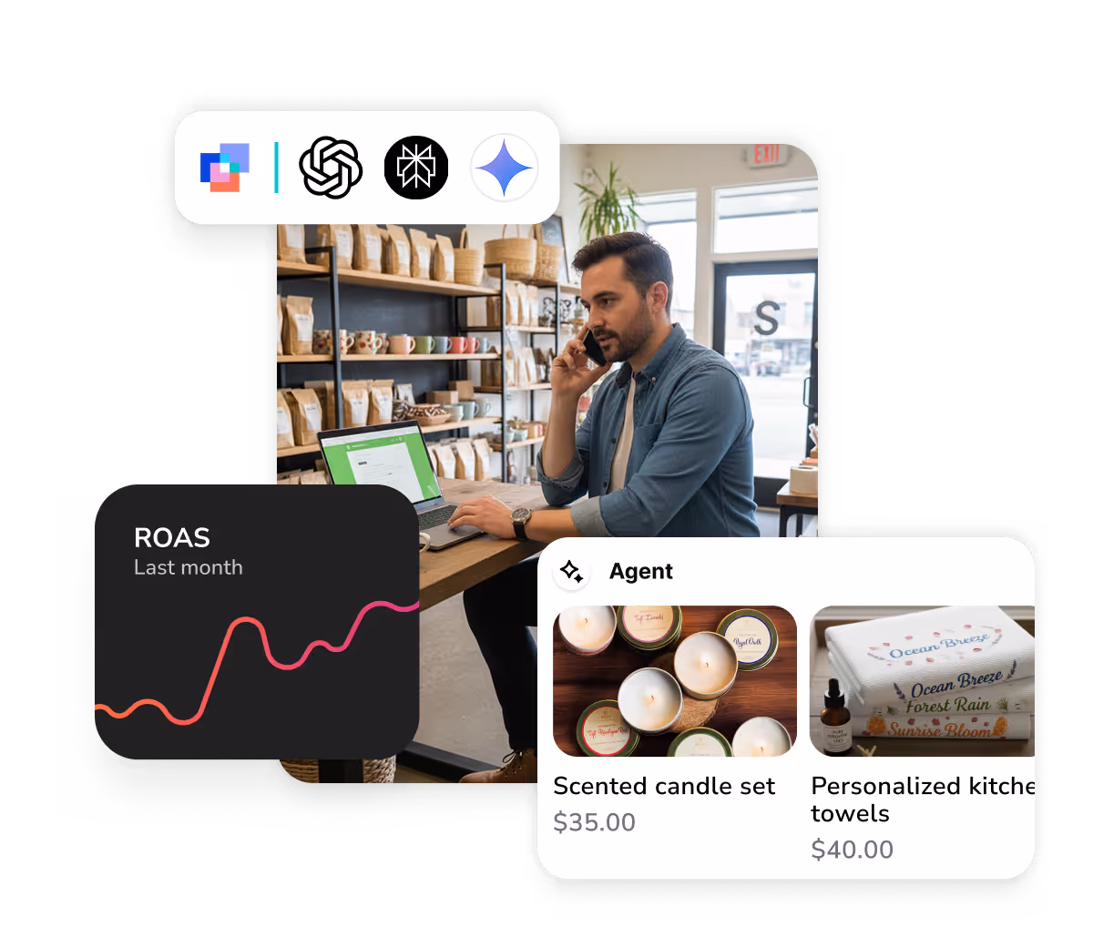 A shop owner works on a laptop while AI-powered overlays show sales data and products, illustrating agentic commerce in action.