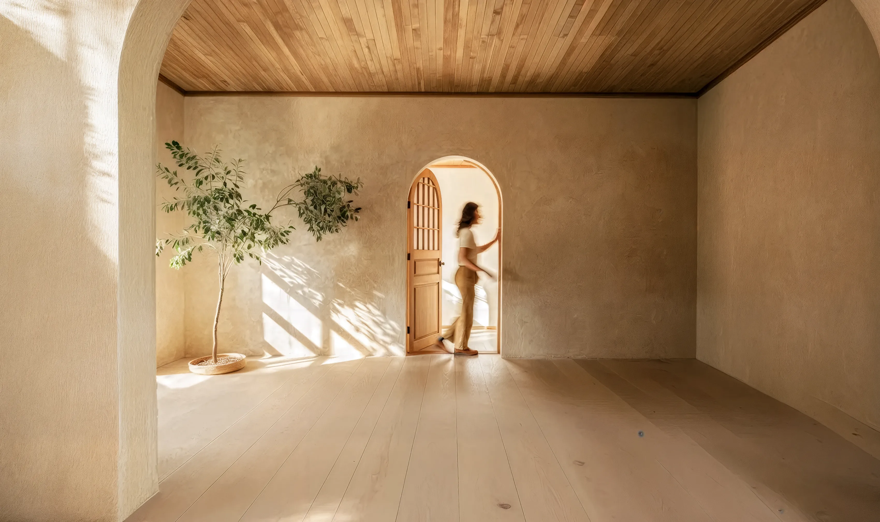 Une femme qui passe par la porte d'une maison vue de l'intérieur