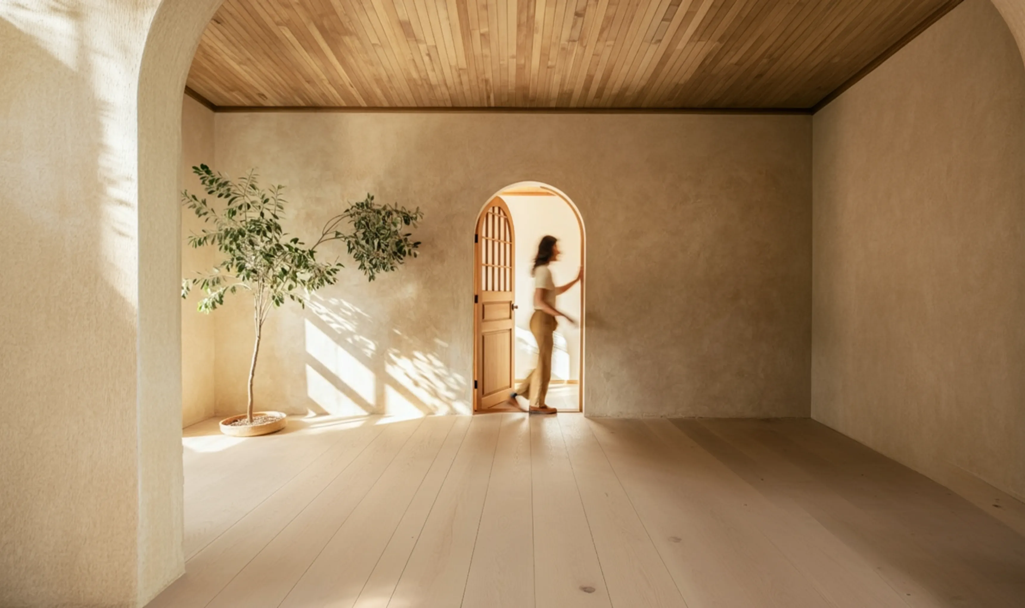 Une femme qui passe par la porte d'une maison vue de l'intérieur