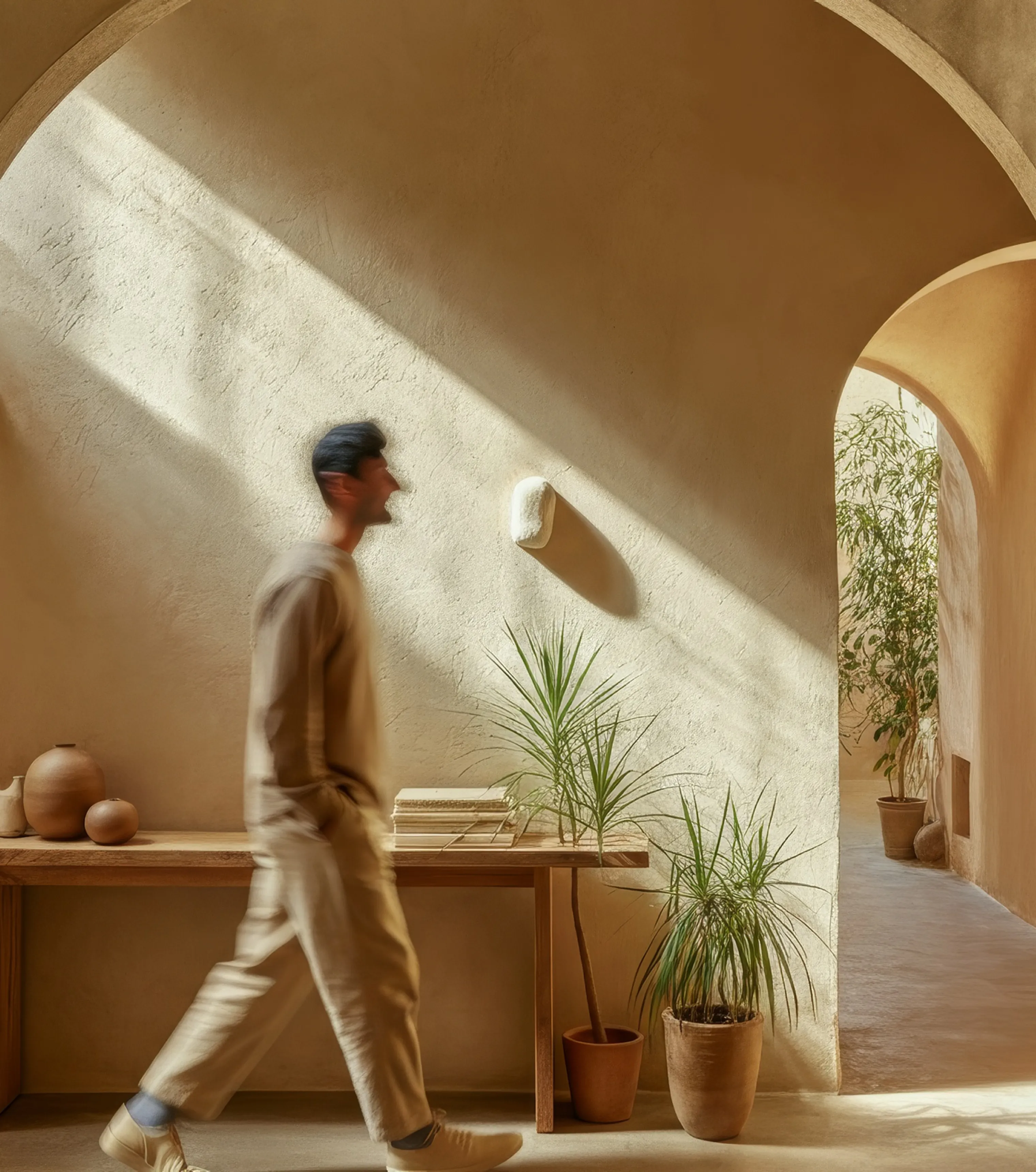 Une homme qui marche dans une maison