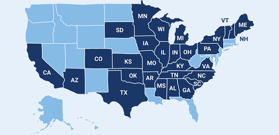 Map of the United States highlighting the 29 states where Wilson Vet Co is licensed and USDA-accredited to provide poultry veterinary services.