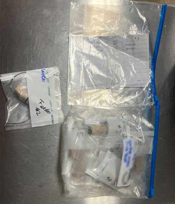 Poultry diagnostic samples sealed in multiple plastic bags with protected paperwork