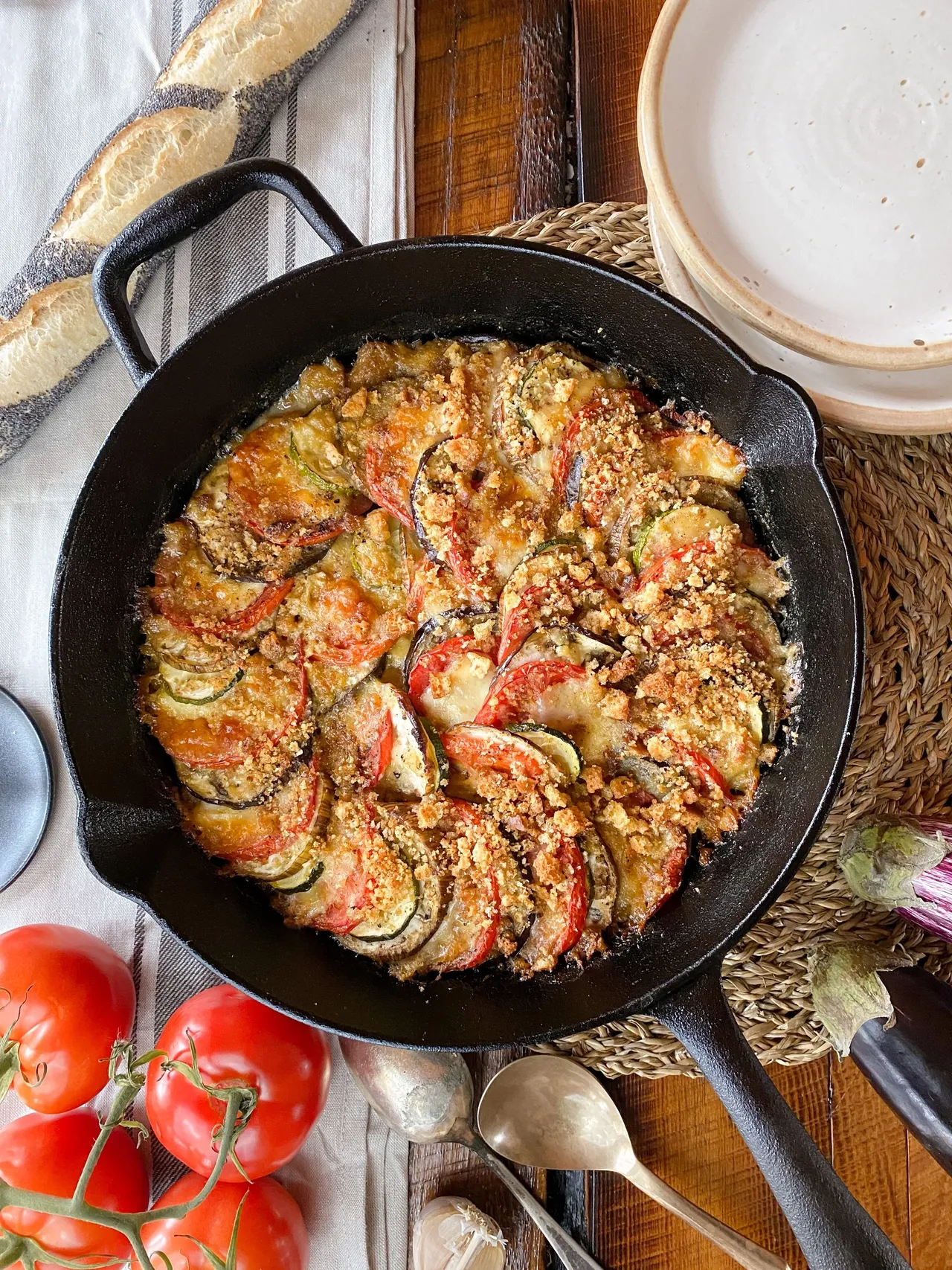 Casserole style ratatouille, mozzarella & croûtons césar