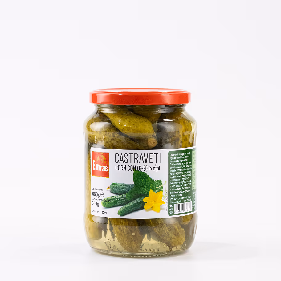 Castraveți Întregi în Oțet Ethras, Calibru 6–9, Borcan Sticlă 720 ml / 680g