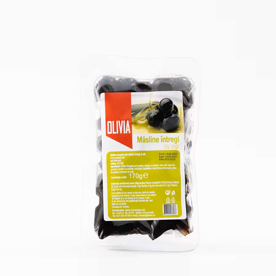 Măsline Negre Întregi Olivia 351-380, Caserolă VID 170g