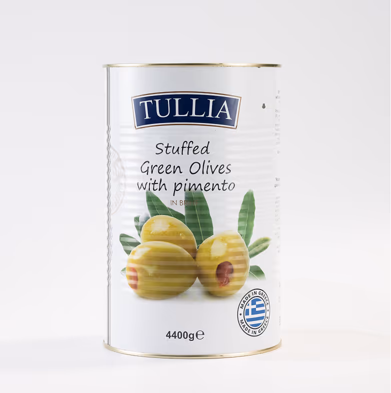 Măsline Verzi cu Gogoșar TULLIA 141-160 GIANTS, Cutie Metalică 5000 ml / 4400g