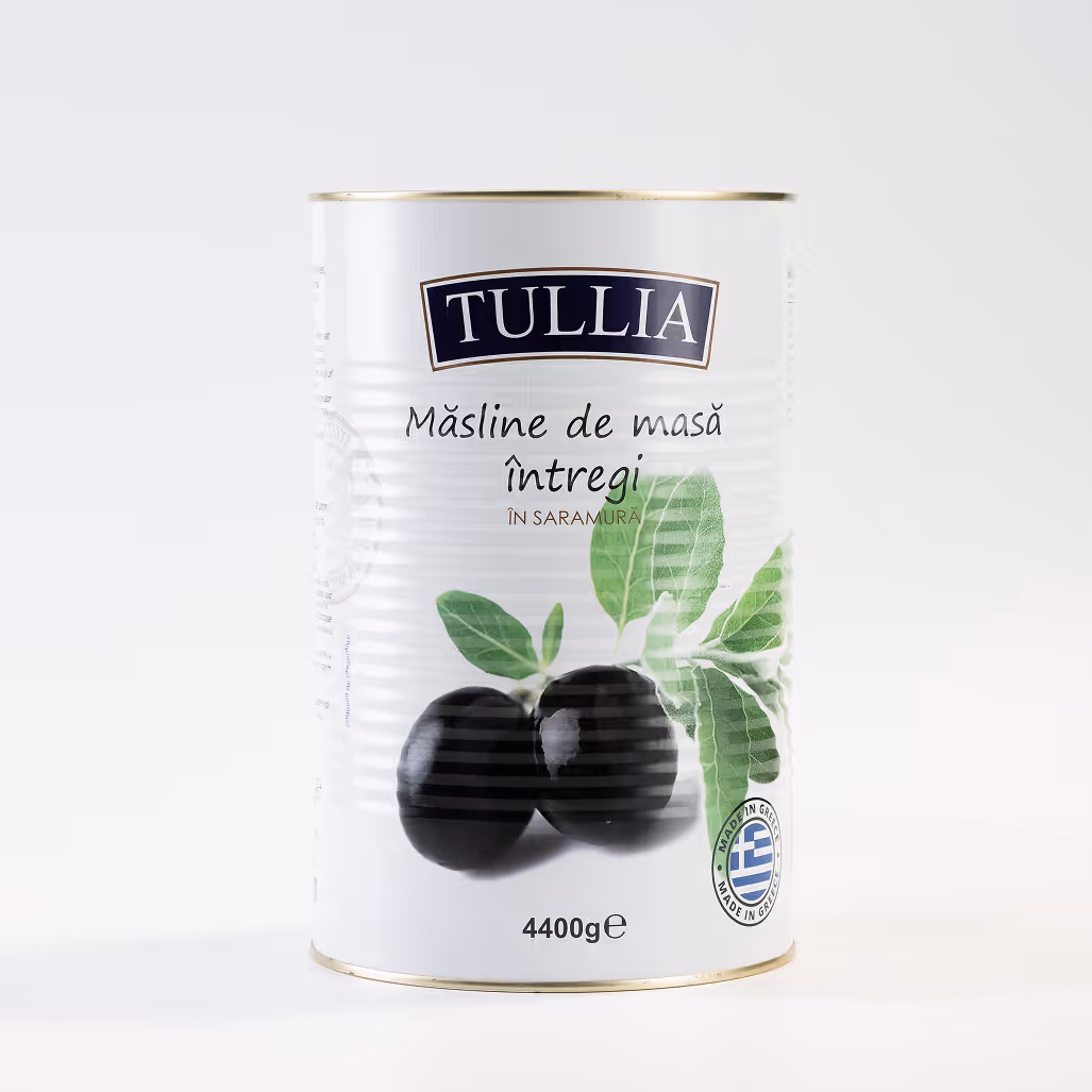 Măsline Negre Întregi TULLIA 121-140 COLOSSAL, Cutie Metalică 5000 ml / 4400g