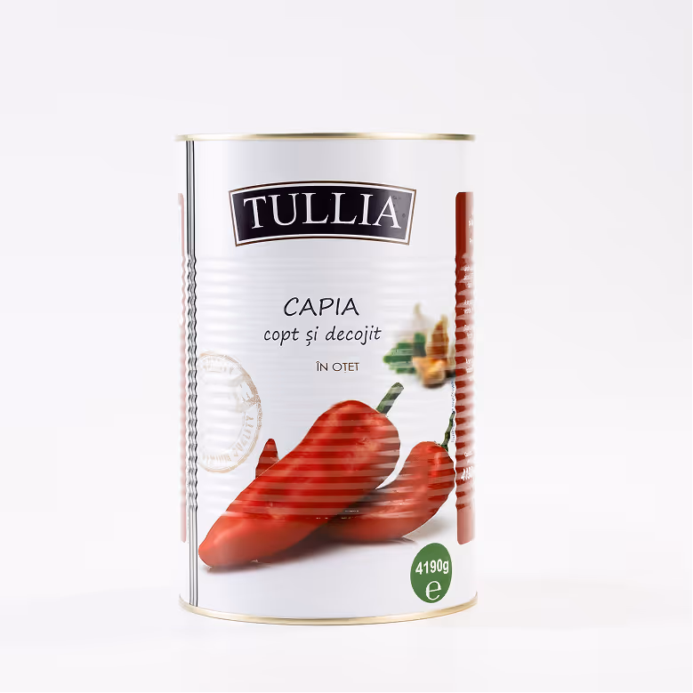 Ardei Capia Copt și Decojit întregi TULLIA, Cutie metalică 4250 ml / 4190 g