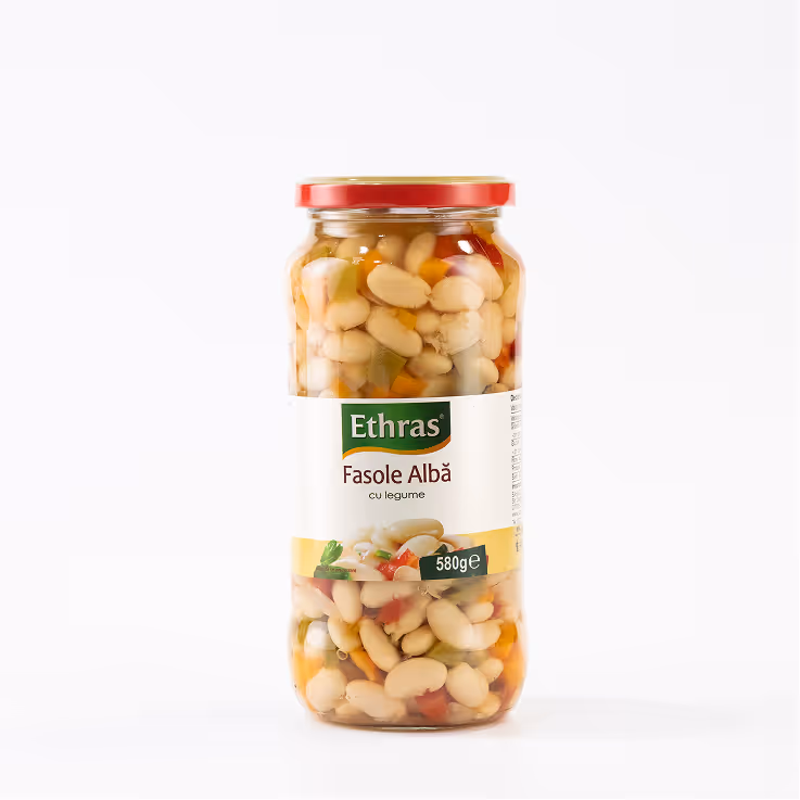 Fasole Albă cu Legume Ethras, Borcan Sticlă 580 ml / 580g