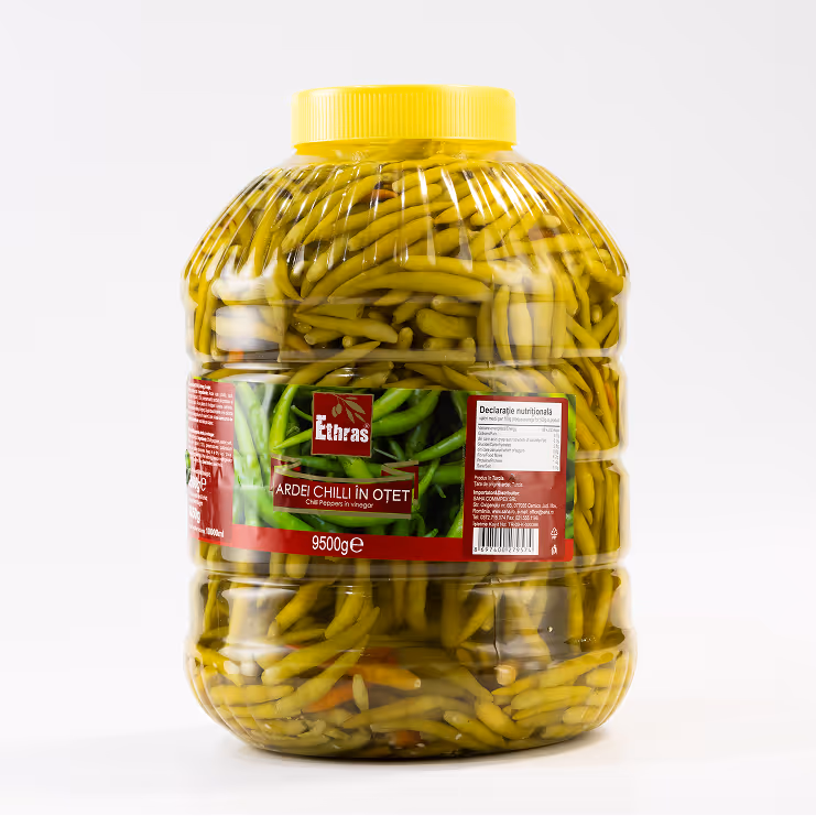 Ardei iute CHILLI întregi în oțet Ethras, PET / 10.000 ml / 9.500 g