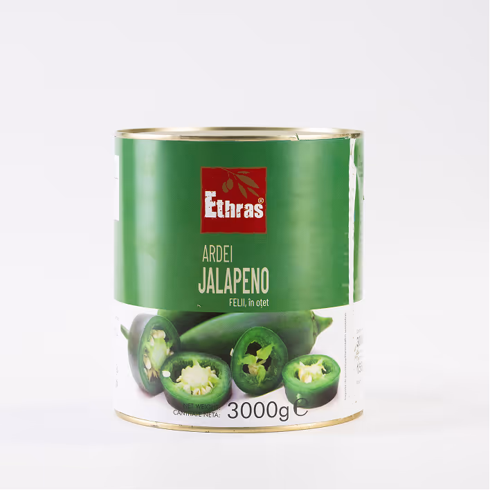 Ardei iute Jalapeño felii în oțet Ethras, Cutie metalică / 3.000 ml / 2.550 g