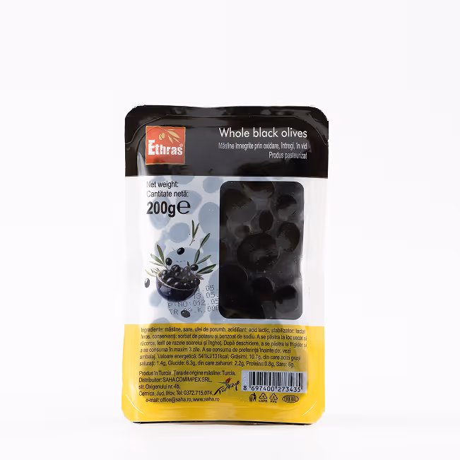 Măsline Negre Întregi Ethras 351-380, Caserolă Vid 200 g