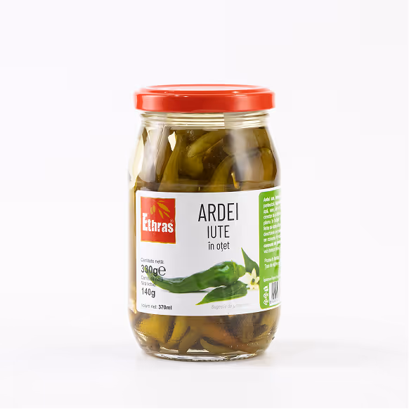 Ardei iute Pfefferoni întregi în oțet Ethras, Borcan sticlă / 370 ml / 330 g