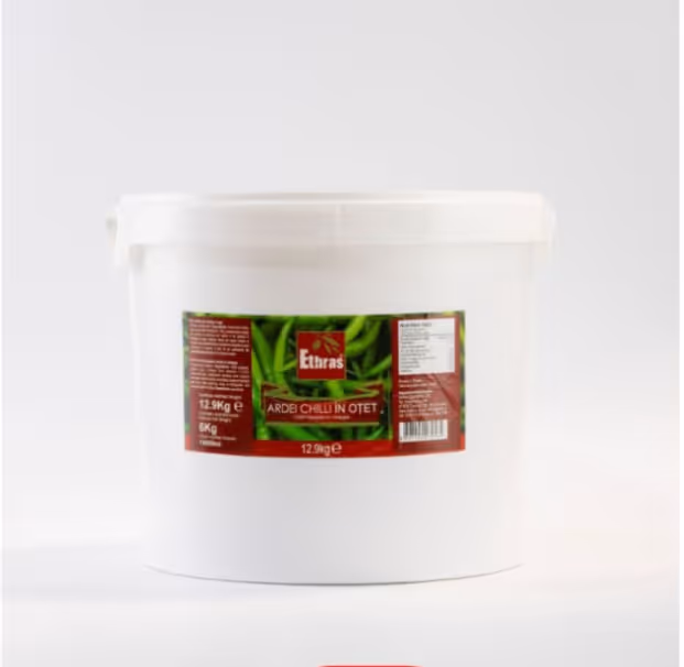 Ardei iute CHILLI întregi în oțet Ethras, Găleată plastic / 14.000 ml / 12.900 g