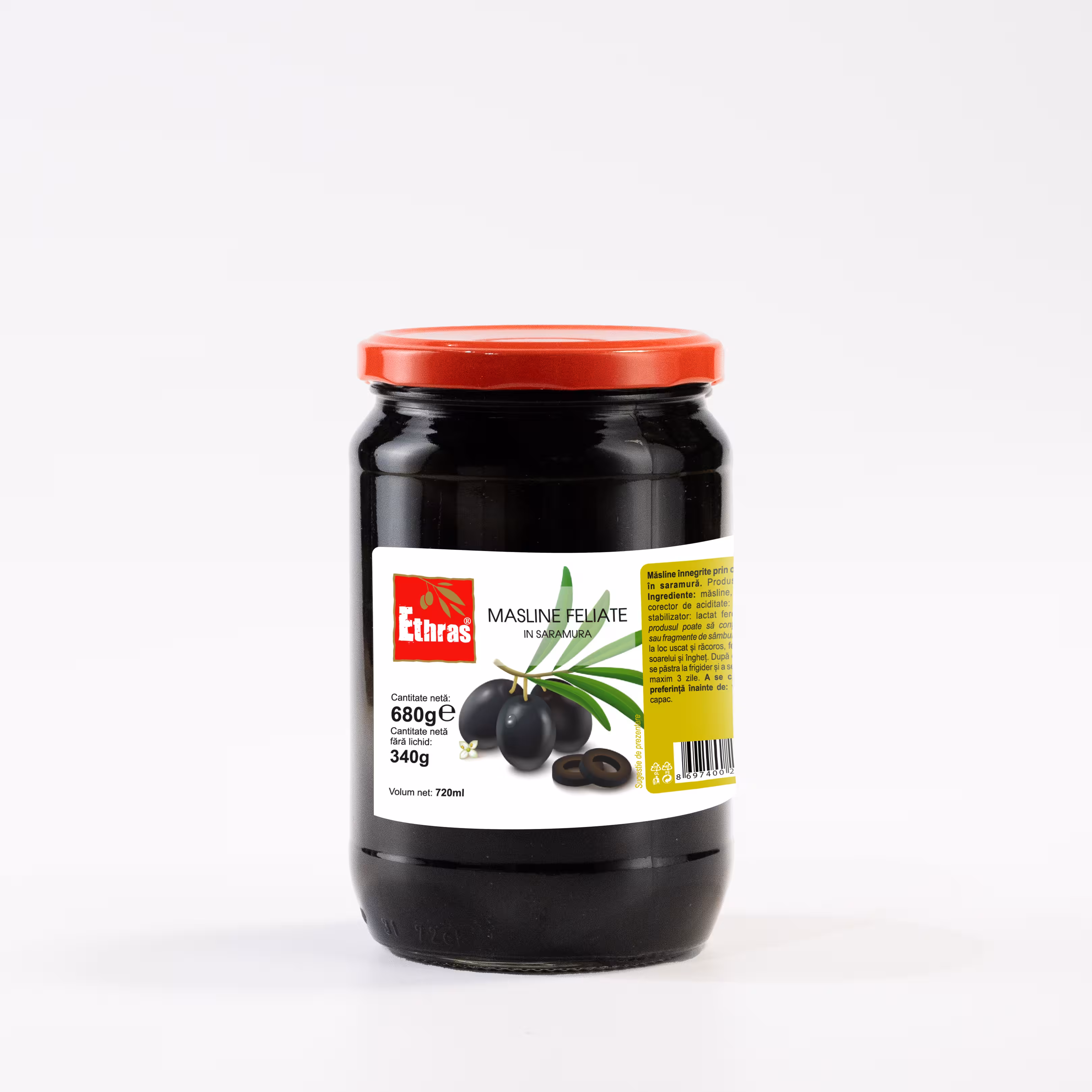Măsline Negre Feliate Ethras, Borcan Sticlă 720 ml / 680g