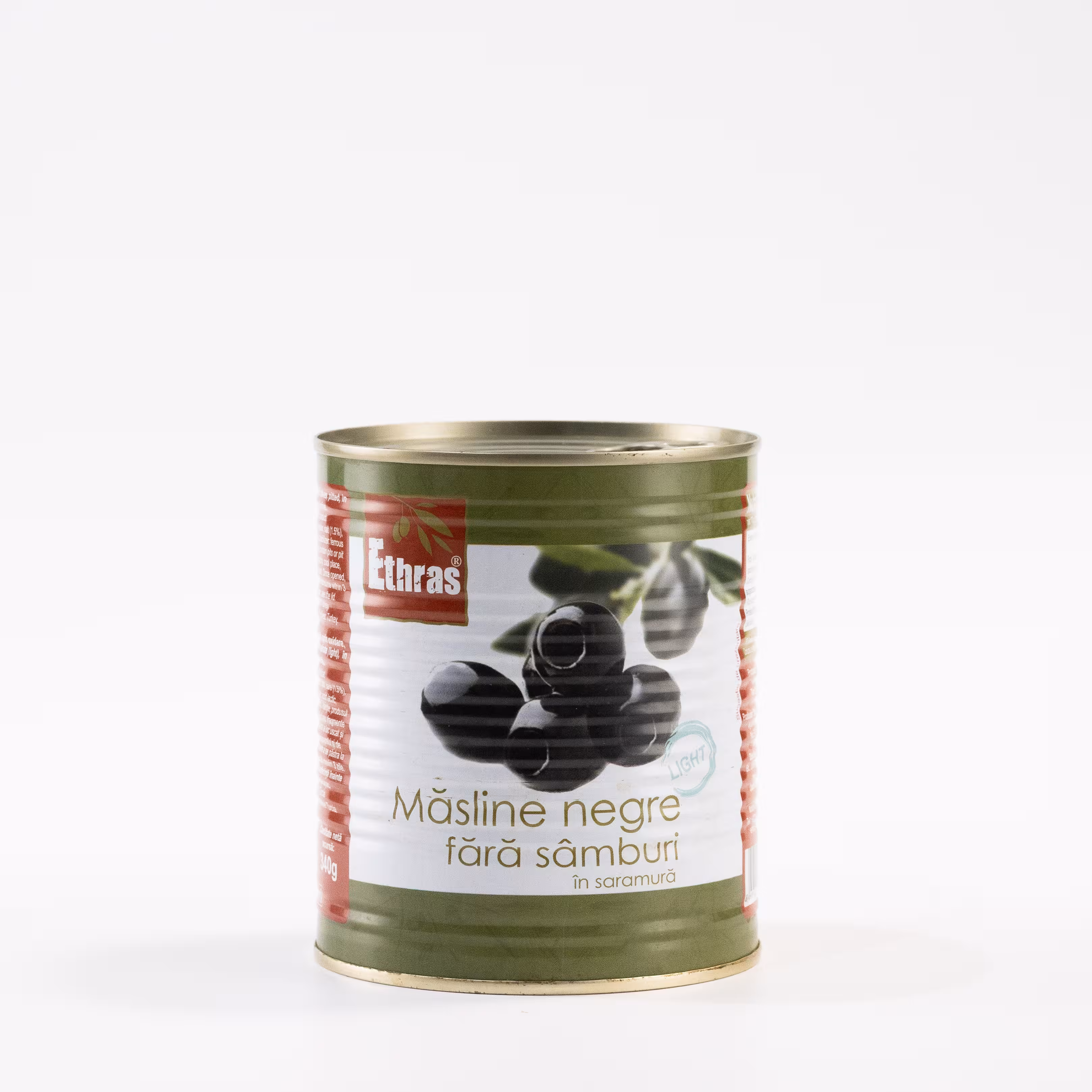 Măsline negre fără sâmburi Light, Ethras, Cutie metalică / 855 ml / 800 g