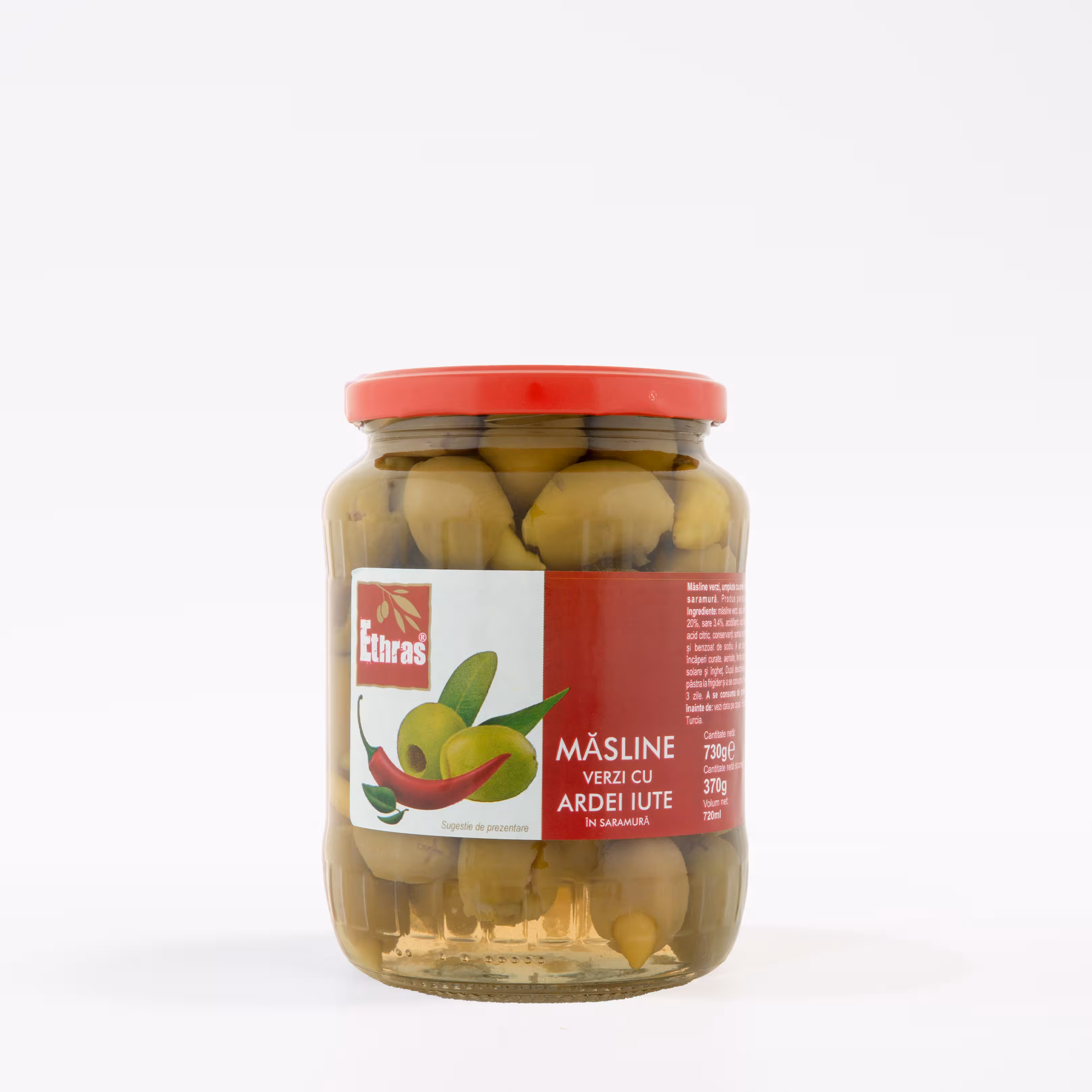 Măsline verzi cu ardei iute Ethras, Borcan sticlă / 720 ml / 680 g
