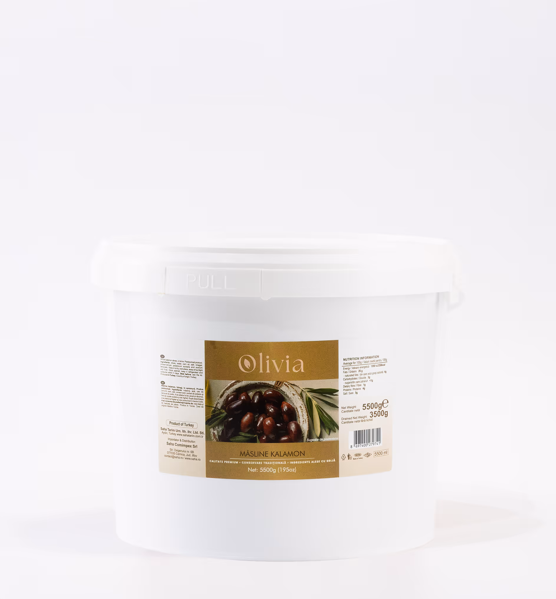 Măsline naturale întregi Kalamon Olivia, Găleată plastic 5500 ml / 5500 g