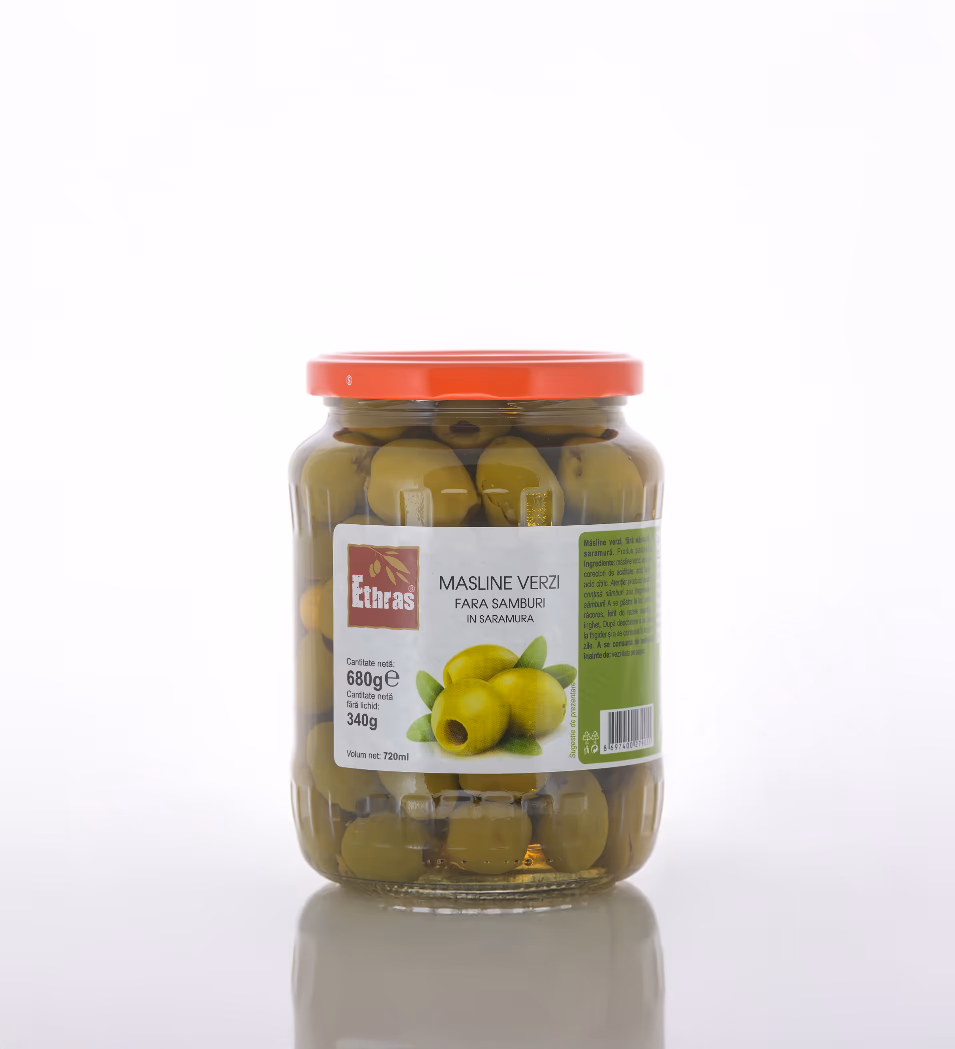 Măsline verzi fără sâmburi Ethras, Borcan sticlă / 720 ml / 680 g