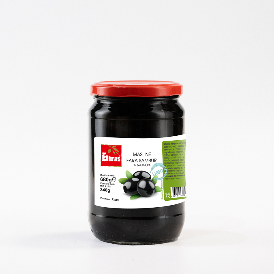Măsline Negre Întregi Light, Ethras 121-140 COLOSSAL, Borcan Sticlă 720 ml / 680g