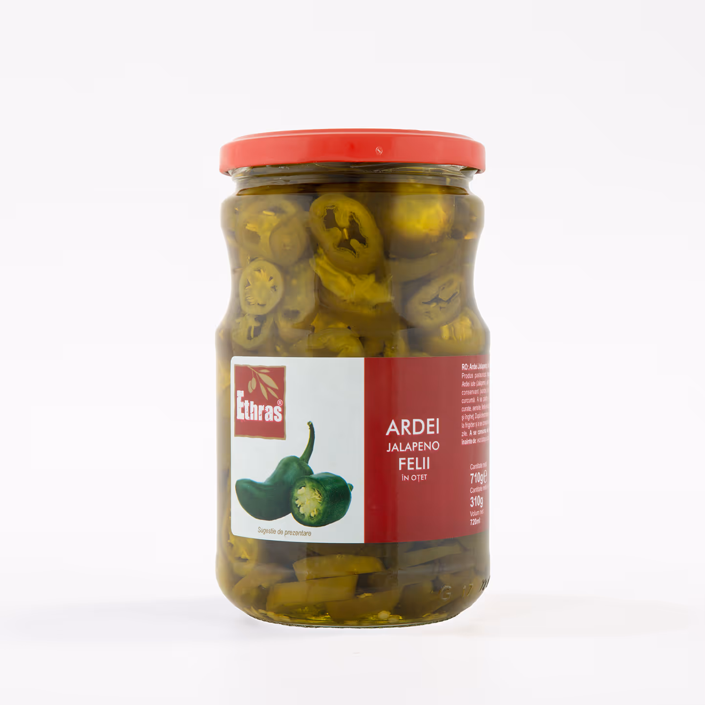 Ardei iute Jalapeño felii în oțet Ethras, Borcan sticlă / 720 ml / 710 g