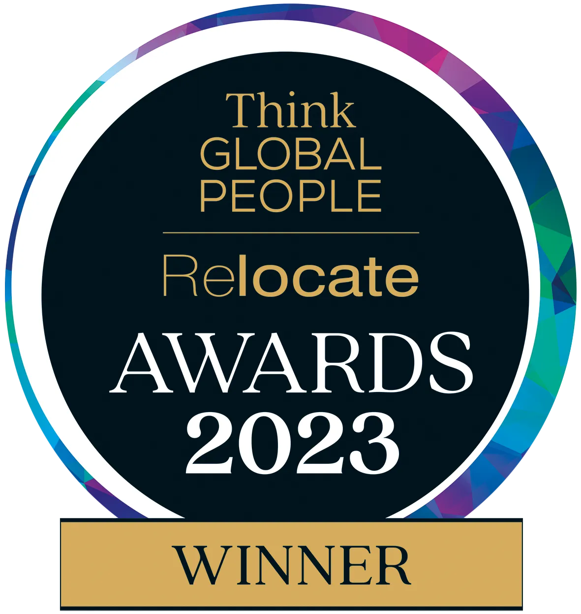 Think Global People Relocate Awards 2023 Winner badge with a colorful geometric border.