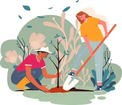 Two individuals plant a tree together, surrounded by greenery and floral elements.