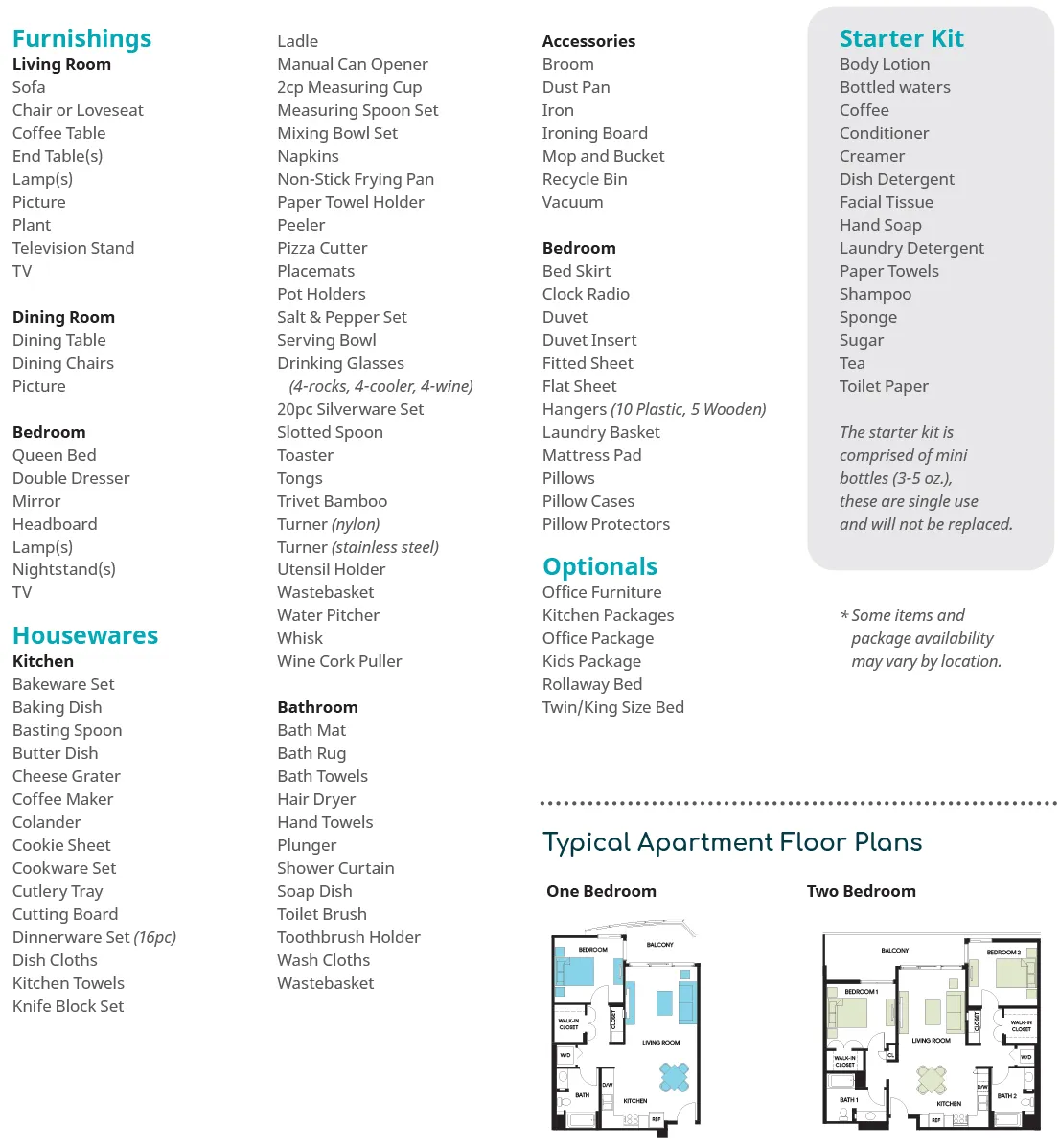 Furnished apartment inventory list with floor plans for one-bedroom and two-bedroom layouts.