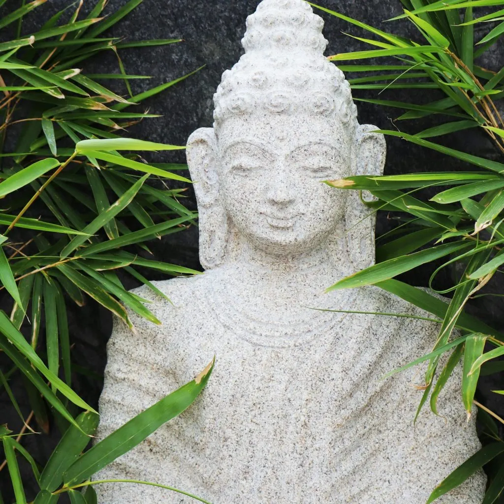 A stone Buddha statue surrounded by lush green bamboo leaves against a dark background.