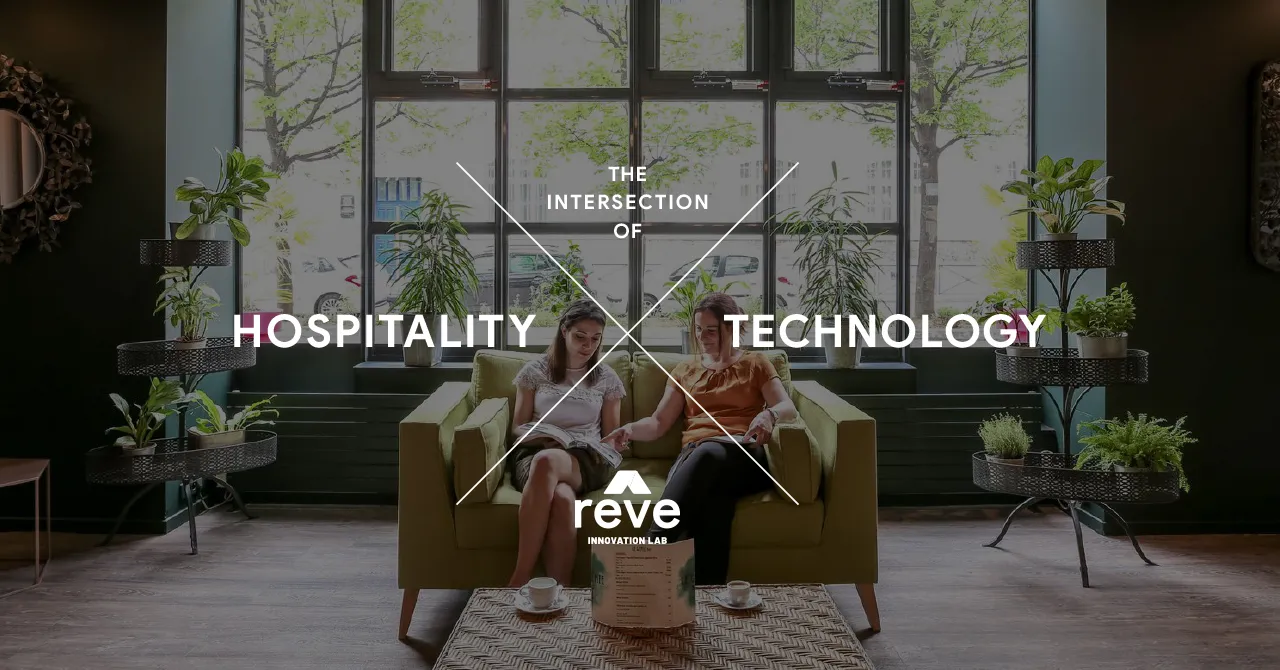 A modern lounge with greenery highlights the theme "The Intersection of Hospitality and Technology."