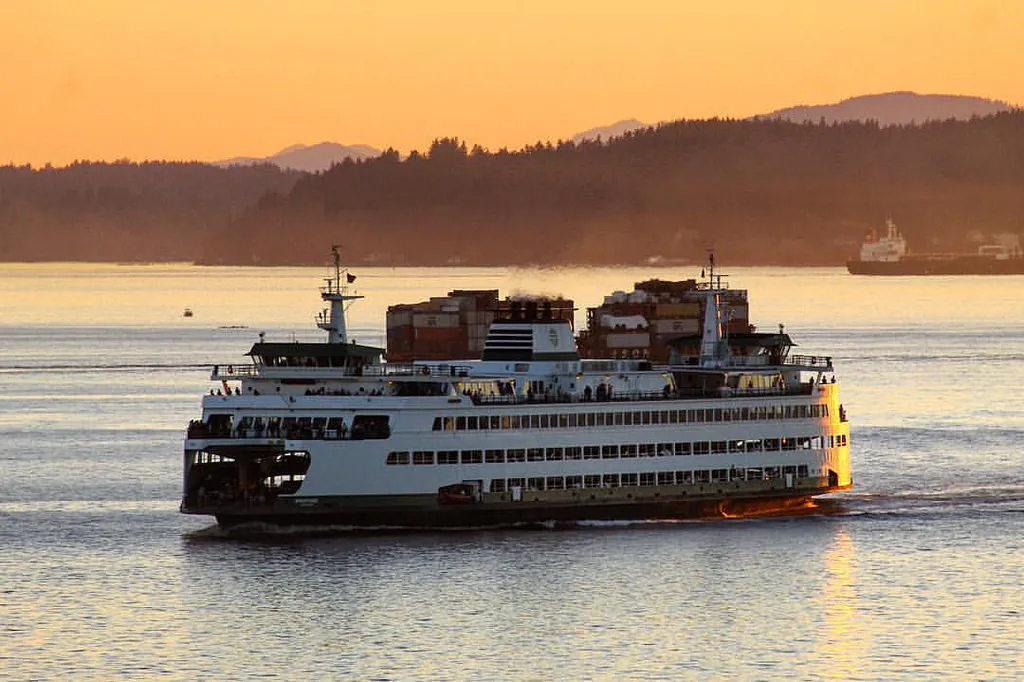 A ferry sails at sunset on calm waters, surrounded by distant ships and forested hills.