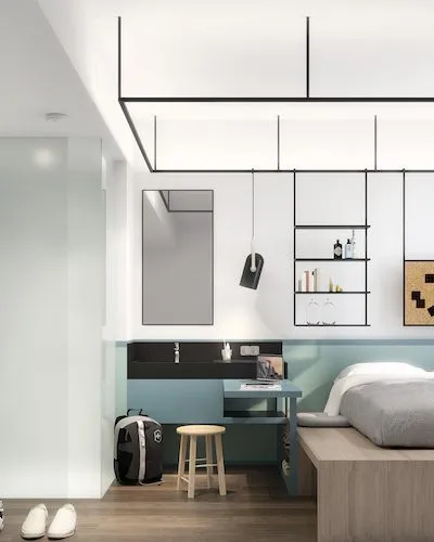 Minimalist bedroom with modern shelving, sleek furniture, and soft lighting accents.