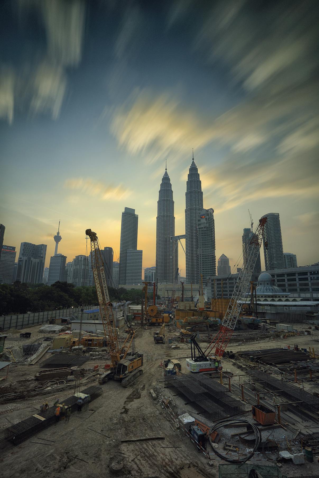 Construction Site With Yellow Tower Crane.