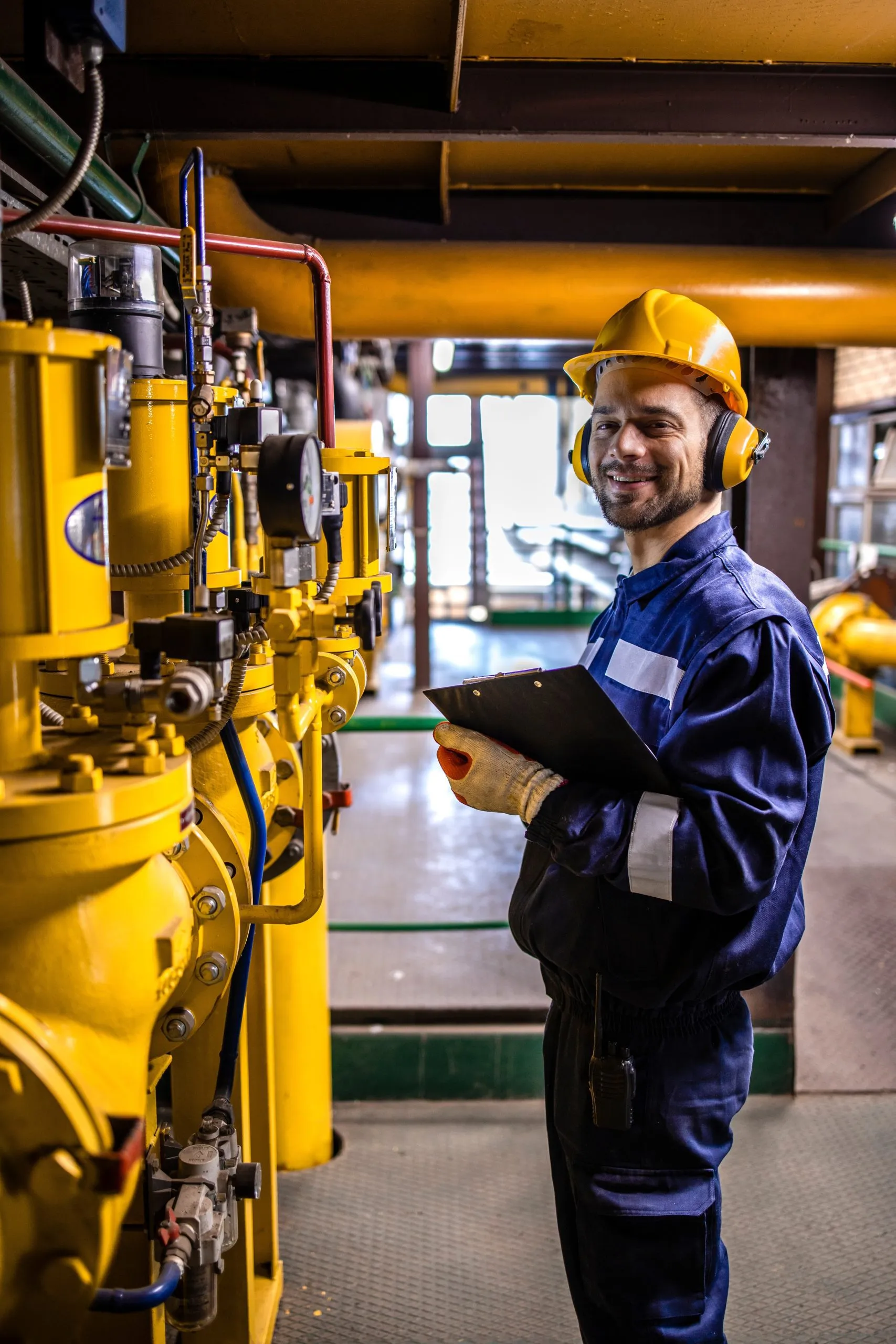 Worker in safety gear inspecting industrial machinery with a clipboard in a factory setting.