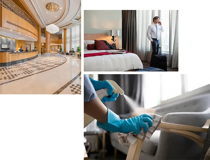 Hotel lobby, guest in room, and cleaning staff sanitizing furniture with spray and cloth.