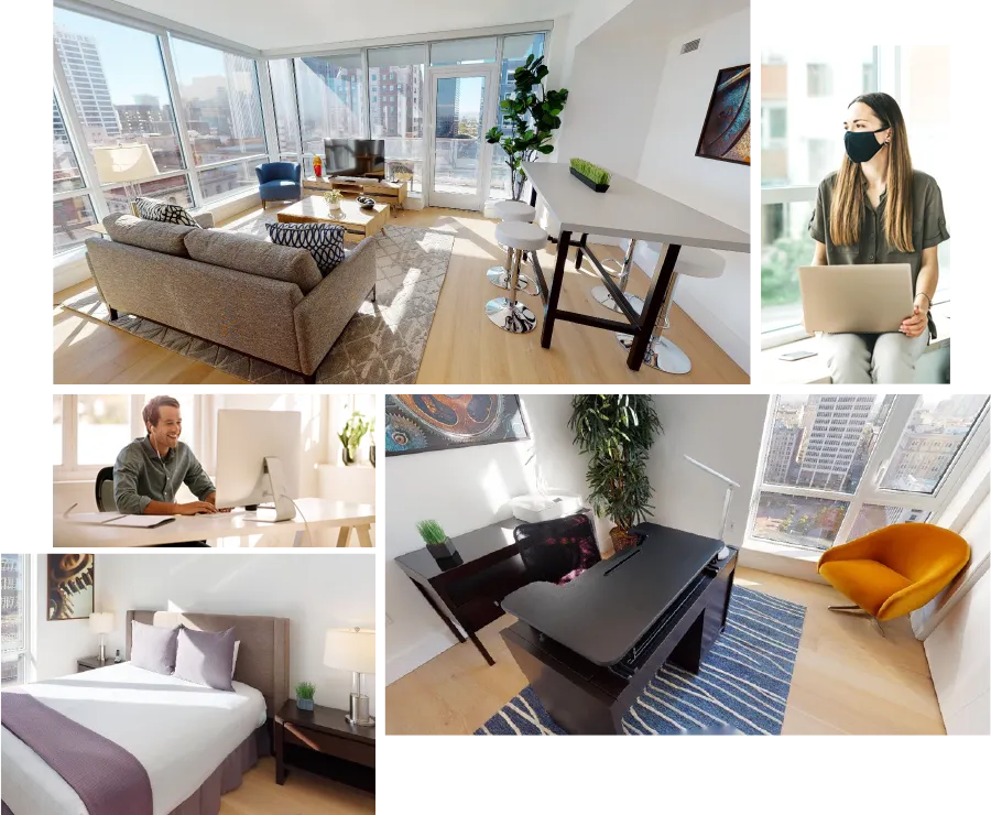 Modern apartment interior with bright living spaces, office setups, and a cozy bedroom.