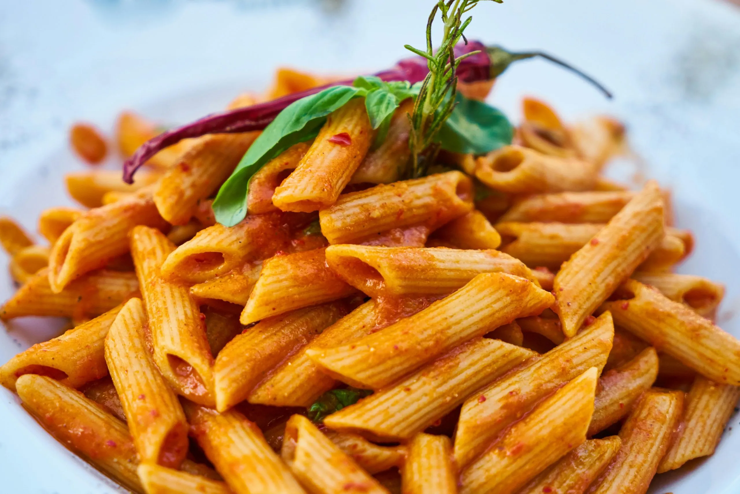 A plate of penne pasta in red sauce garnished with basil, chili, and herbs.