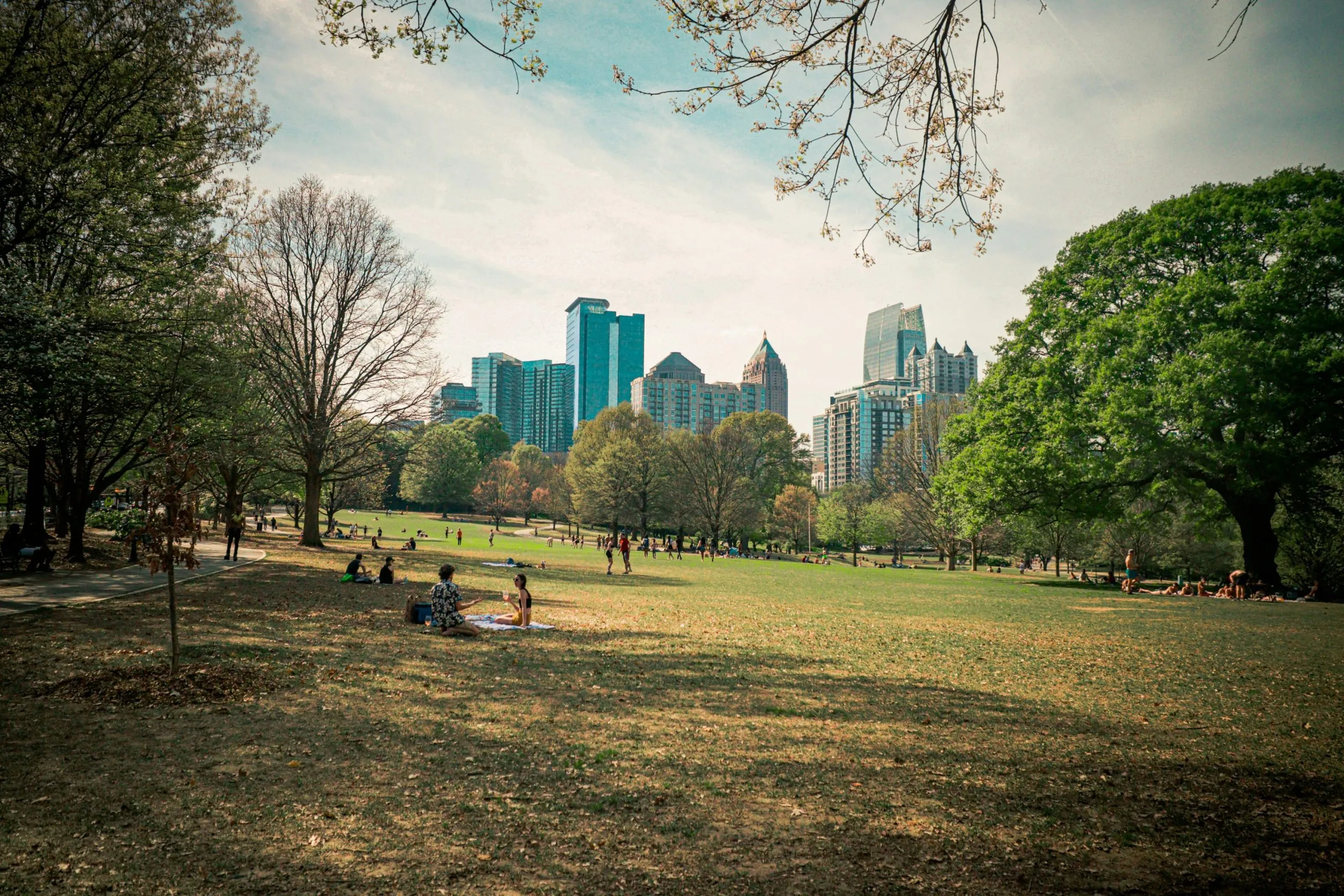 A city skyline rises behind a park with trees, open green space, and people relaxing outdoors.