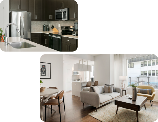 Modern kitchen with dark cabinets and a bright, minimalist living-dining area with large windows.