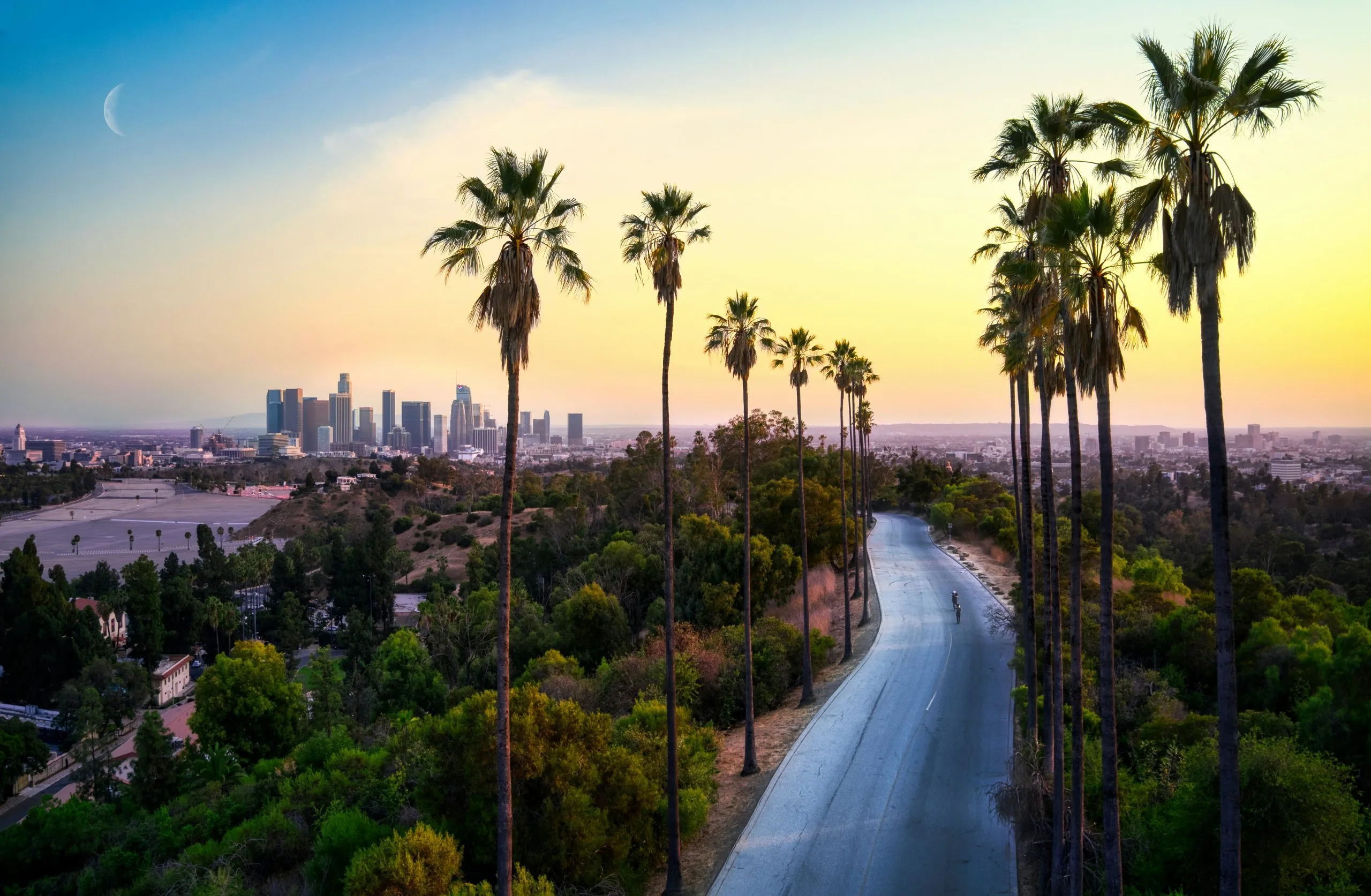 A scenic road lined with palm trees leads to a city skyline at sunset, under a crescent moon.